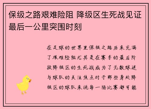 保级之路艰难险阻 降级区生死战见证最后一公里突围时刻