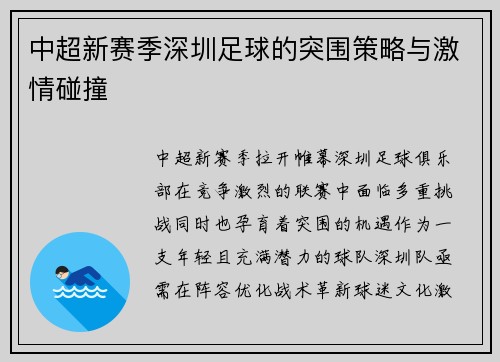 中超新赛季深圳足球的突围策略与激情碰撞